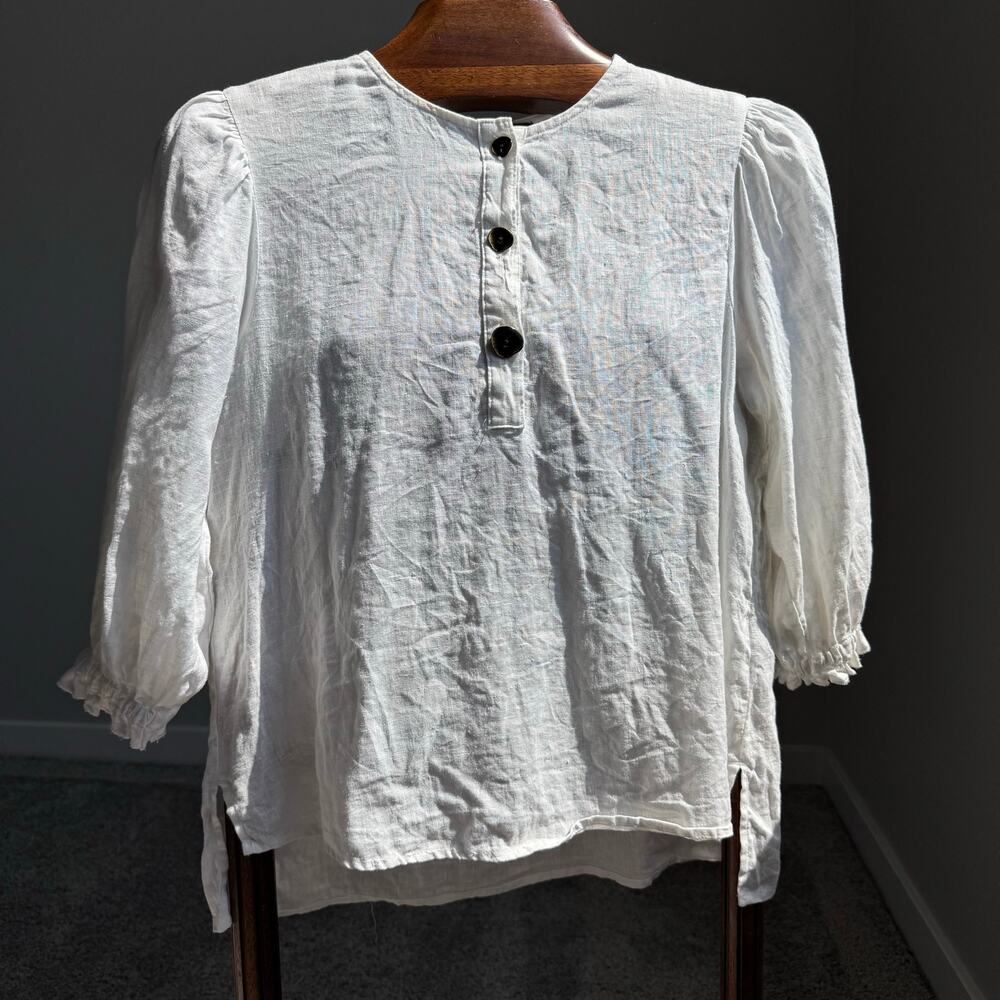 Zara 100% Linen White Puff Sleeve Blouse XS Oversized Coastal Minimalist Summer